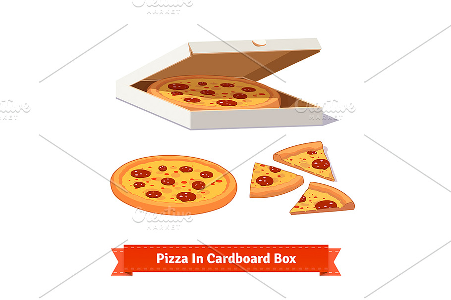 Pizza in the opened cardboard box.