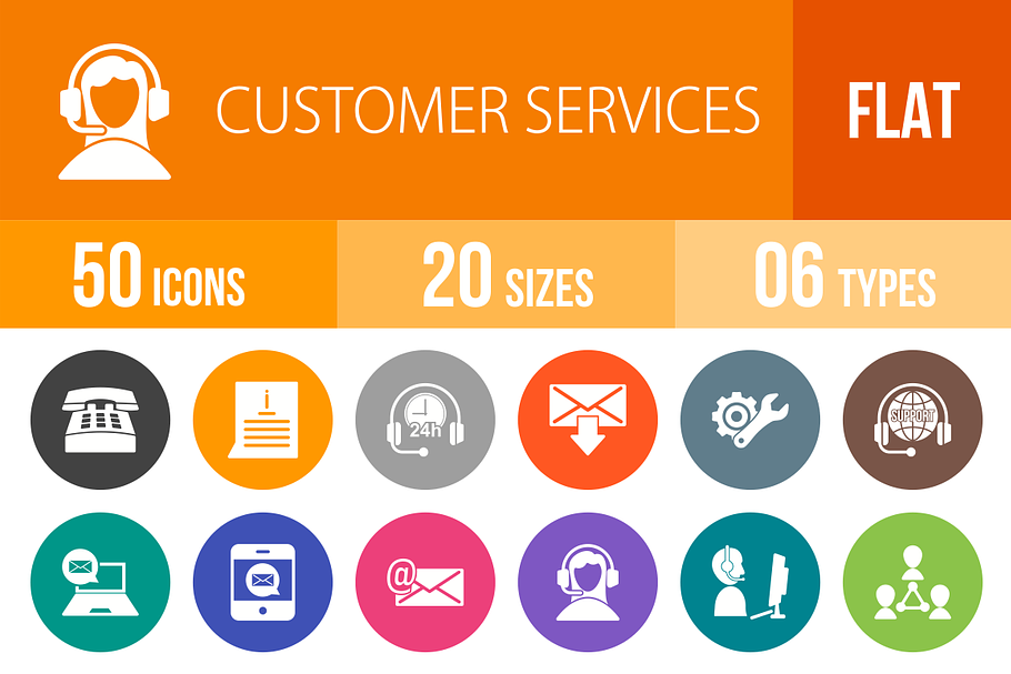 50 Customer Service Flat Round Icons