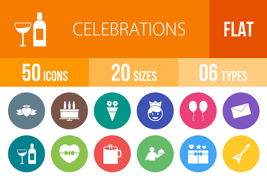 50 Celebrations Flat Round Icons