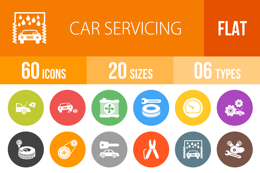 60 Car Servicing Flat Round Icons