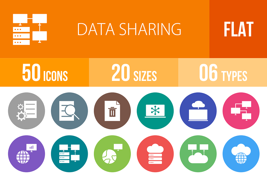50 Data Sharing Flat Round Icons