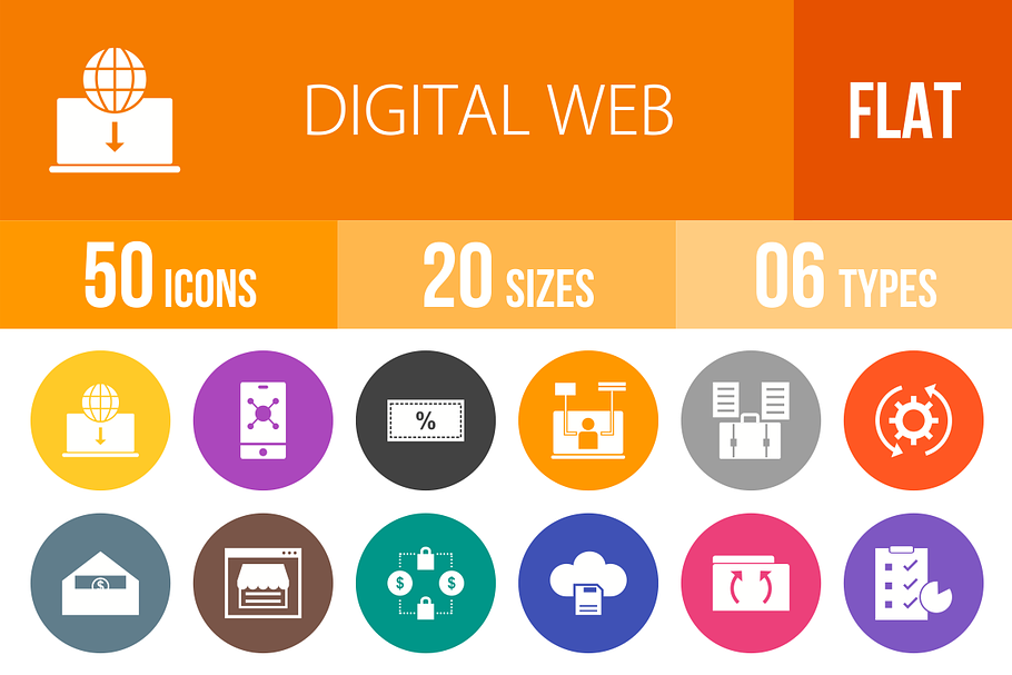 50 Digital Web Flat Round Icons