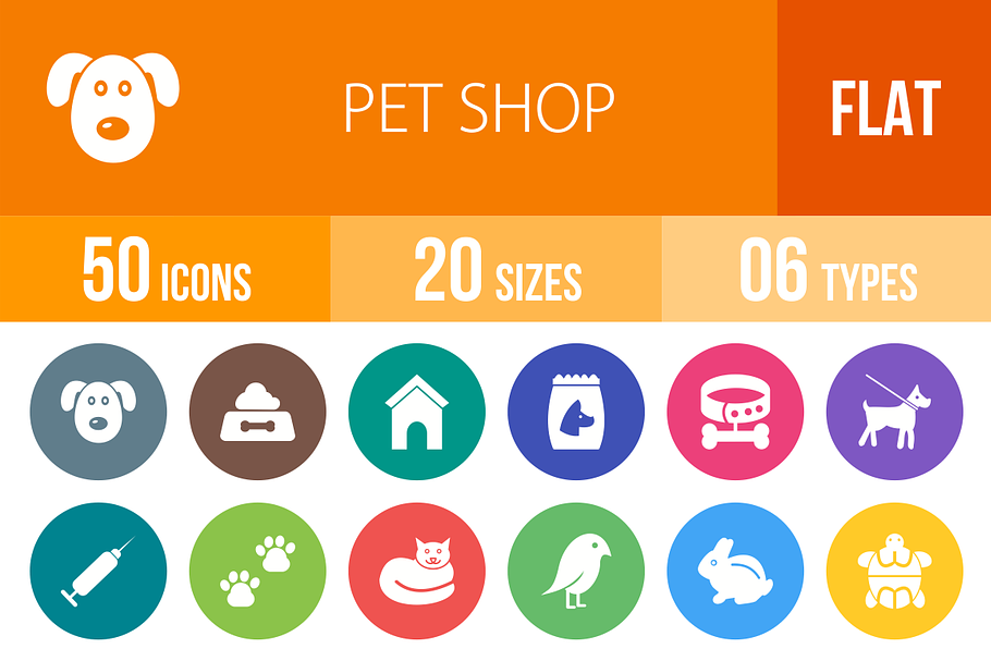 50 Pet Shop Flat Round Icons