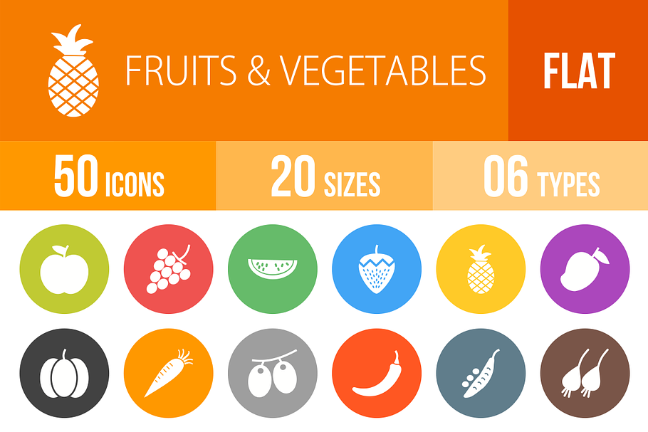 50 Fruit&Vegetables Flat Round Icons