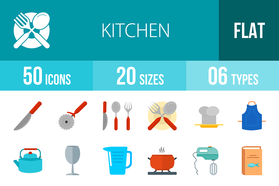 50 Kitchen Flat Colorful Icons