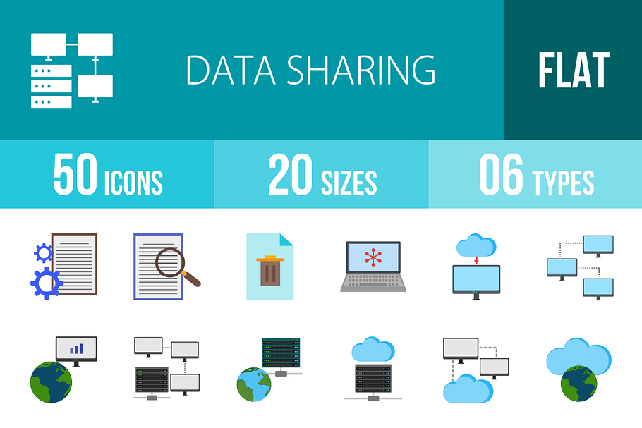 50 Data Sharing Flat Colorful Icons