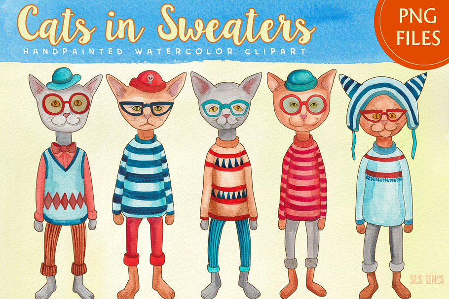 Cats in Sweaters Watercolors