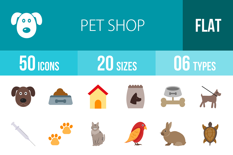 50 Pet Shop Flat Colorful Icons
