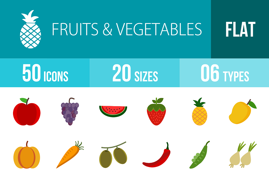 50 Fruits Flat Colorful Icons