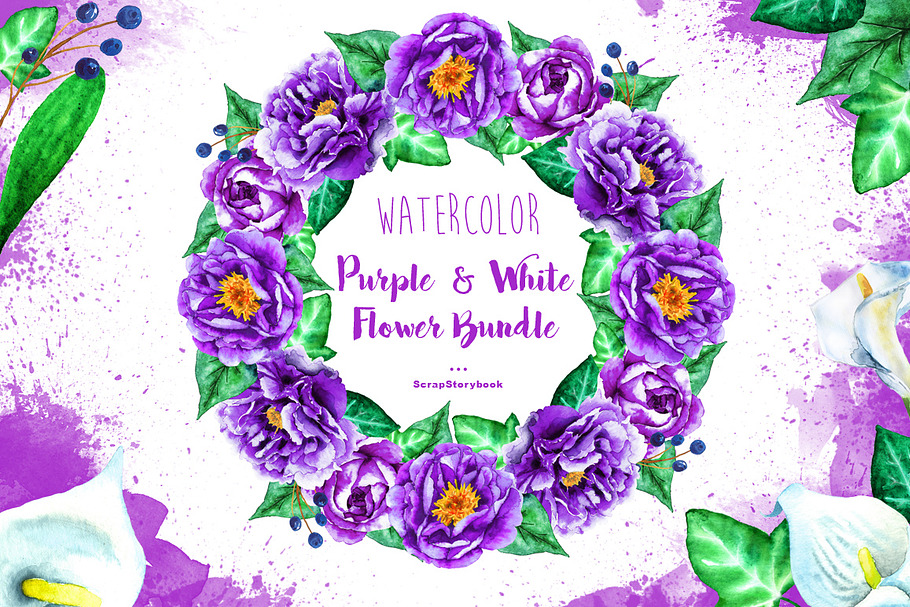 Watercolor Purple & White Flowers in Illustrations - product preview 8