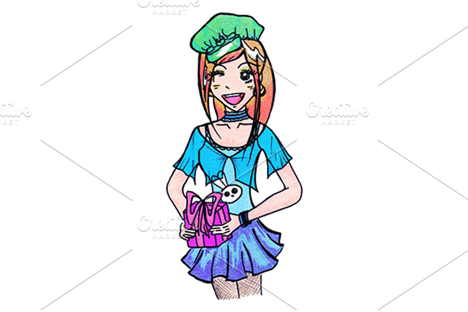 Anime cartoon girl with gift vector in Illustrations - product preview 8
