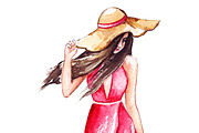 Fashion girl in pink dress and hat