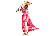 Fashion girl in pink dress and hat