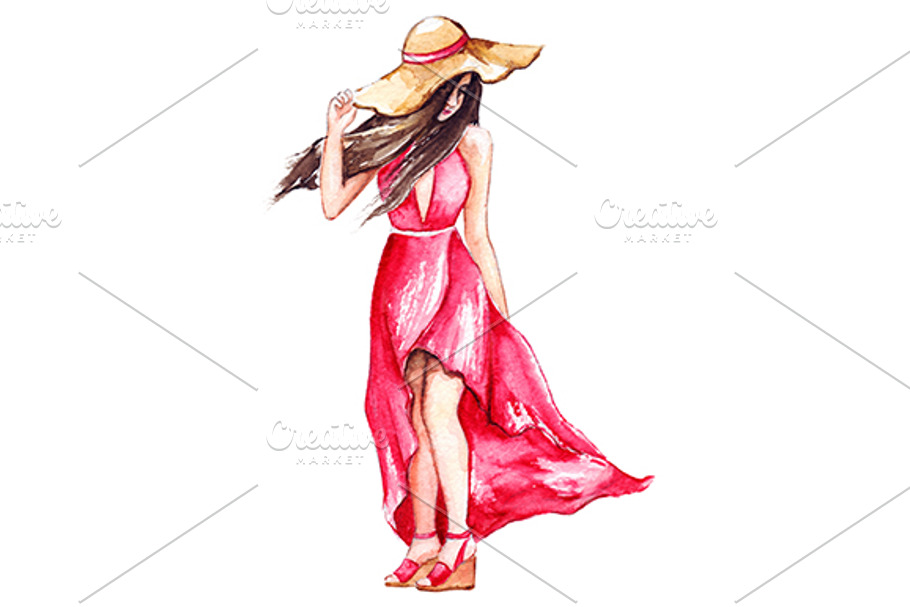 Fashion girl in pink dress and hat in Illustrations - product preview 8
