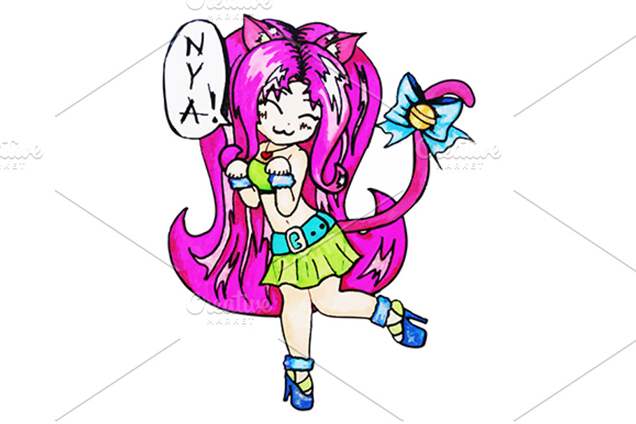 Anime kawaii cartoon cat girl vector in Illustrations - product preview 8