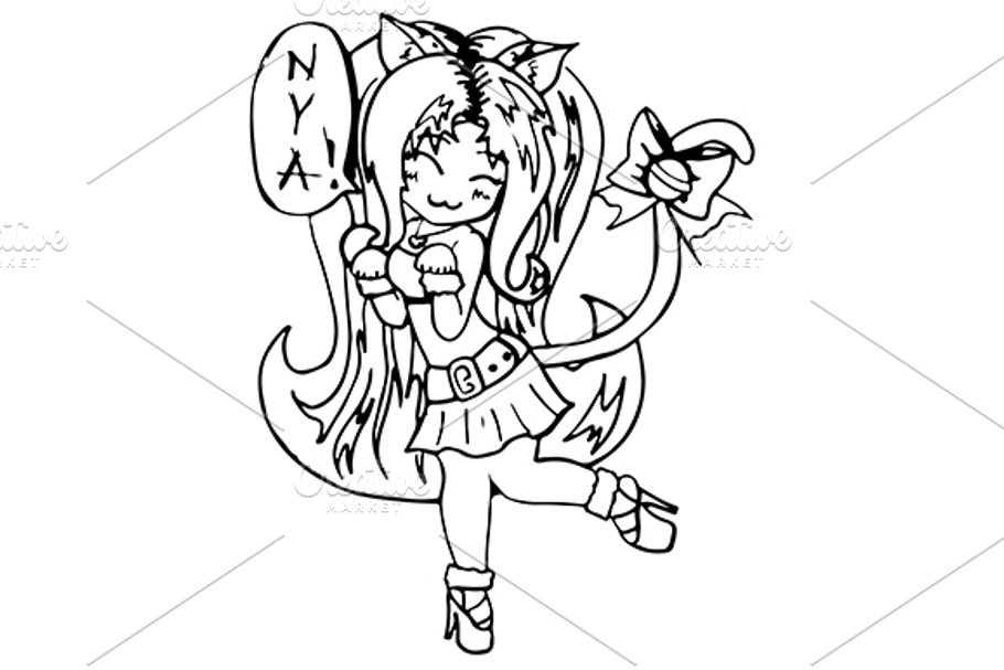 Monochrome anime cat girl vector in Illustrations - product preview 8