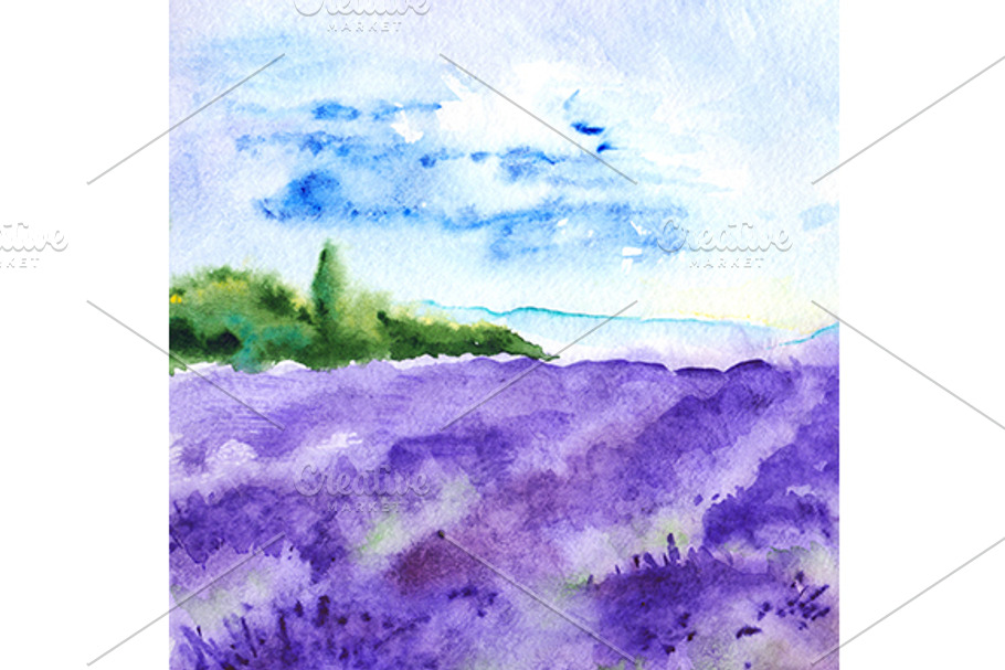 Watercolor lavender fields landscape in Illustrations - product preview 8