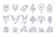 Animal Heads and Plants Icons Set