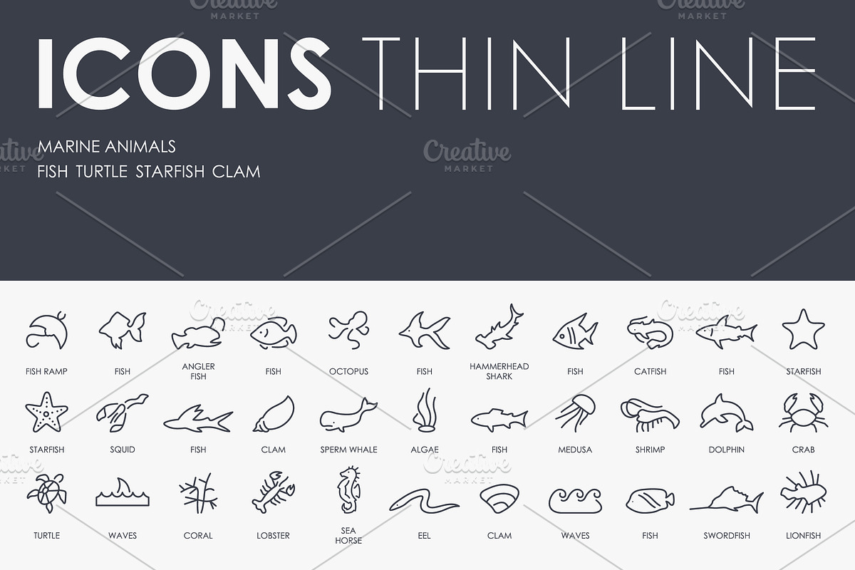Marine animals thinline icons in Animal Icons - product preview 8