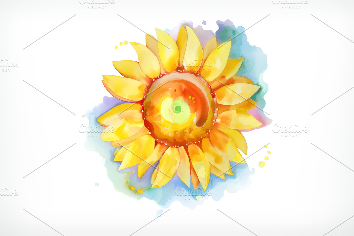 Sunflower watercolor painting vector in Graphics - product preview 8