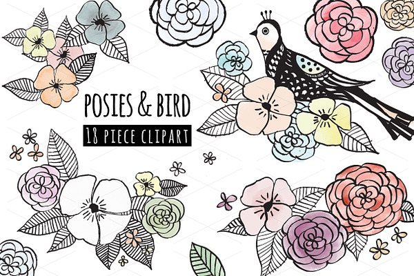 Posies & bird, flower clipart bundle