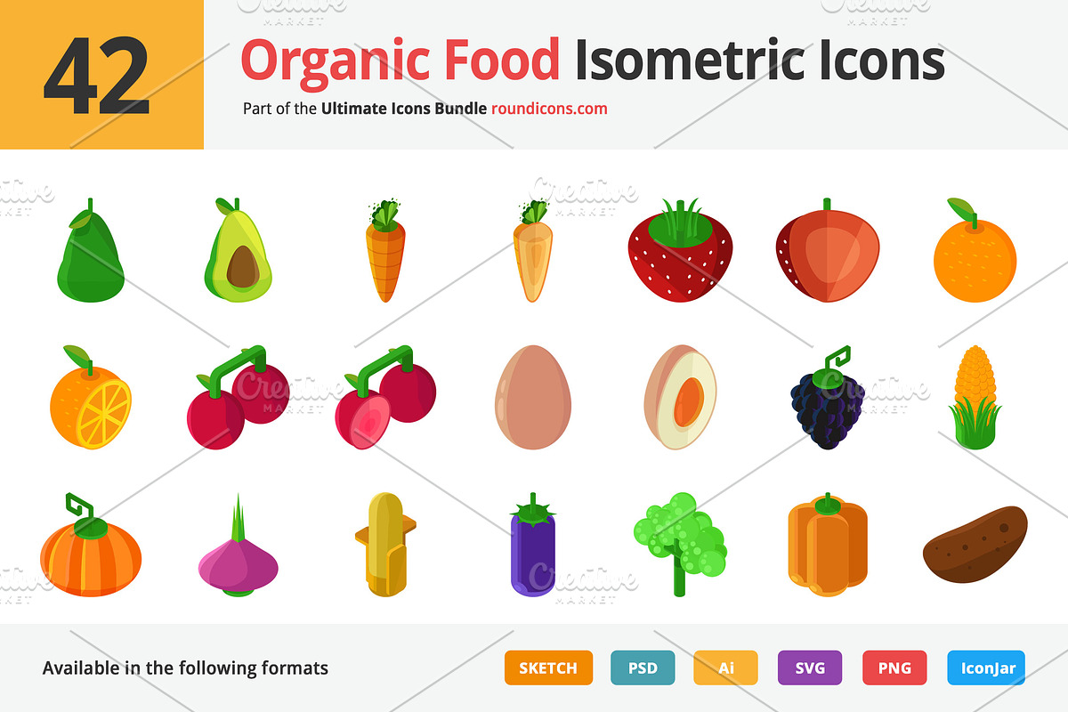42 Organic Food Isometric Icons in Icons - product preview 8