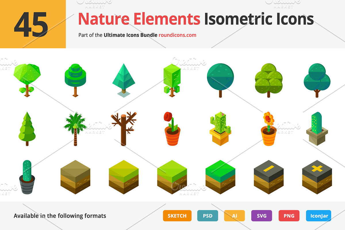 45 Nature Elements Isometric Icons in Graphics - product preview 8