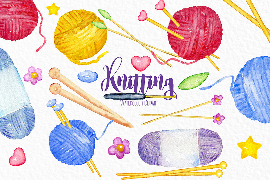 Knitting watercolor clipart in Illustrations - product preview 8