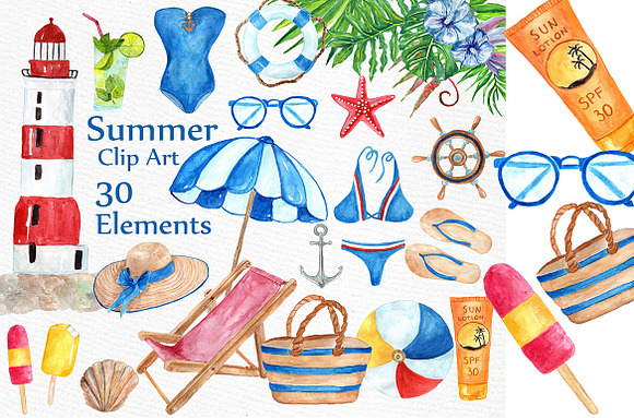 Summer Bundle watercolor clipart in Illustrations - product preview 1