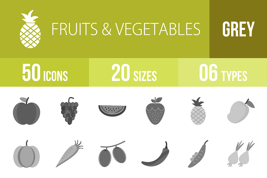 50 Fruits Vegetables Greyscale Icons