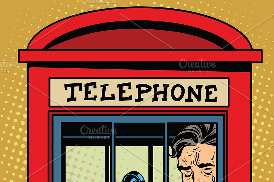 Retro man crying in a phone booth