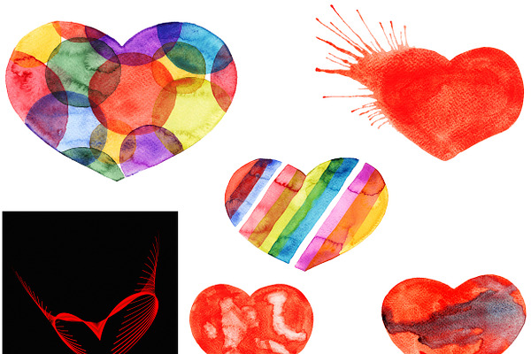 Watercolor and vector set of hearts