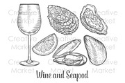 Seafood and wine hand drawn set