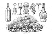 Wine engraved set - bottle vineyard
