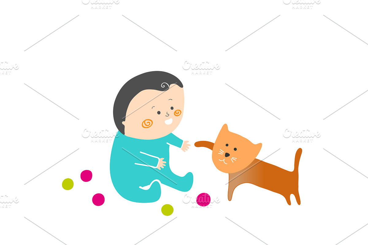 Baby boy and Cat playing in Illustrations - product preview 8
