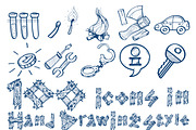 100 icons hand drawing style.