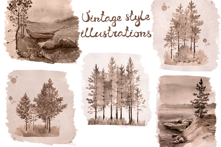 Vintage style watercolor landscapes in Illustrations - product preview 8