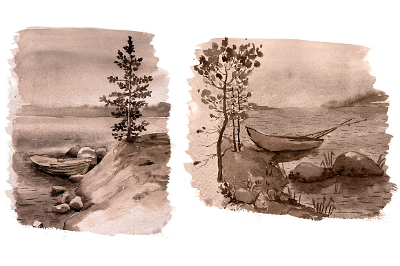 Vintage style watercolor landscapes in Illustrations - product preview 2