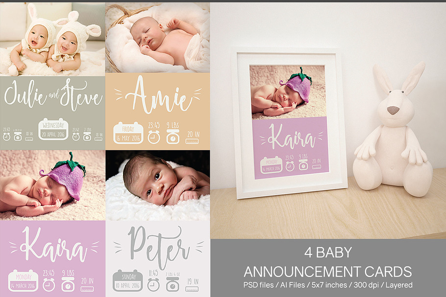 4 Baby Announcement Cards in Postcard Templates - product preview 8