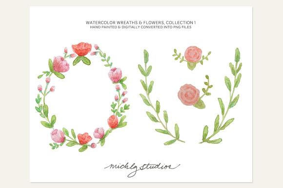 4 PNG Watercolor Wreaths & Flowers in Illustrations - product preview 1