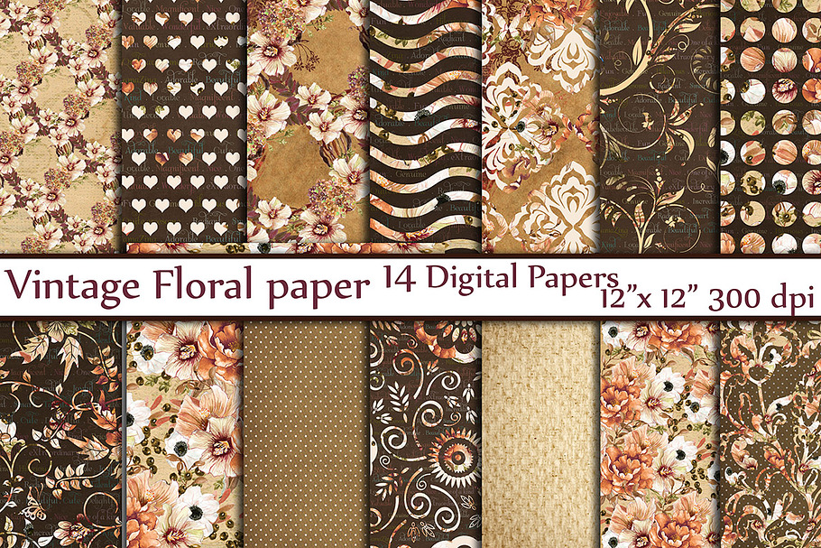 Brown floral digital paper pack