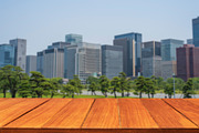 Wood table top on Tokyo city