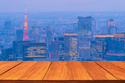Wood table top on Tokyo city