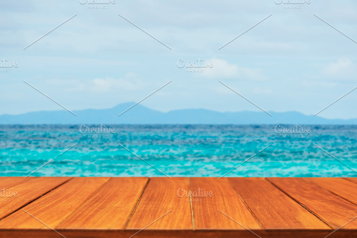 Wood table top on tropical sea in Product Mockups - product preview 8