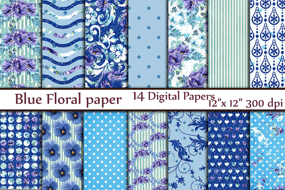 Blue floral digital paper pack in Patterns - product preview 8