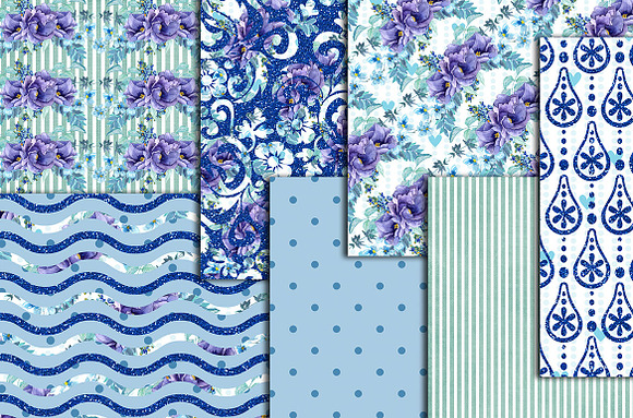 Blue floral digital paper pack in Patterns - product preview 1