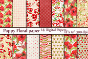 Red floral digital paper pack