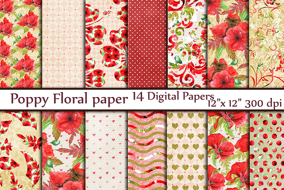 Red floral digital paper pack in Patterns - product preview 8