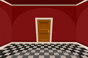 Cartoon red empty room with a door