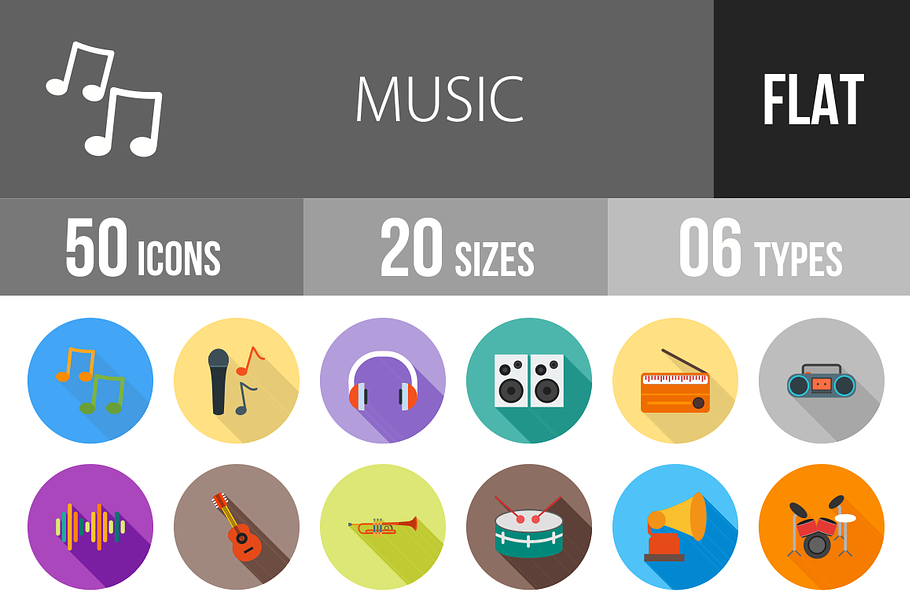 50 Music Flat Shadowed Icons